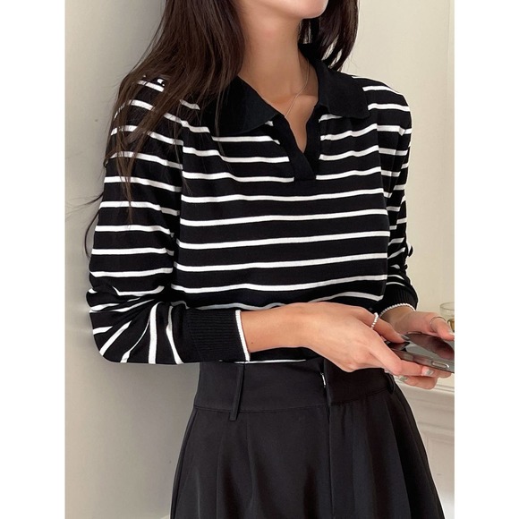 black white preppy Striped print Collared v neck Sweater - Picture 1 of 11